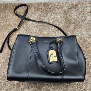 Lauren Ralph Lauren Black Leather Satchel Crossbody Bag Gold Hardware RLL